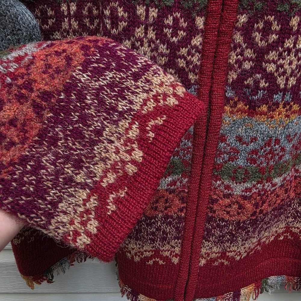 VTG Nordic Scandinavian Wool Cardigan Womens L Fair Isle Zip Fringe Cottage - Picture 7 of 10